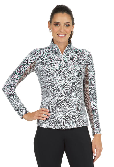 2023 IBKUL Womens Alena Print Long Sleeve Mock Neck Top - Black / White