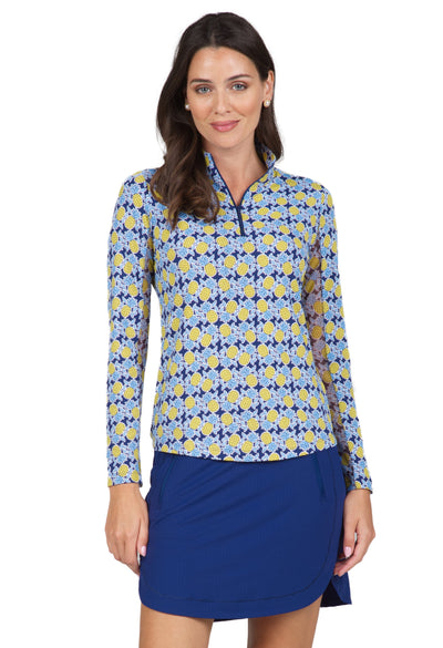 IBKUL Womens Chantal Print Long Sleeve Mock Neck Top - Navy / Peri