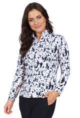 IBKUL Womens Martina Print Long Sleeve Mock Neck Top - Black / Grey