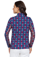 IBKUL Womens Vic Print Long Sleeve Mock Neck Top - Navy / Red