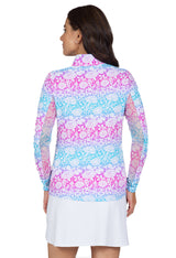2023 IBKUL Womens Jesse Print Long Sleeve Mock Neck Top - Hot Pink / Turquoise