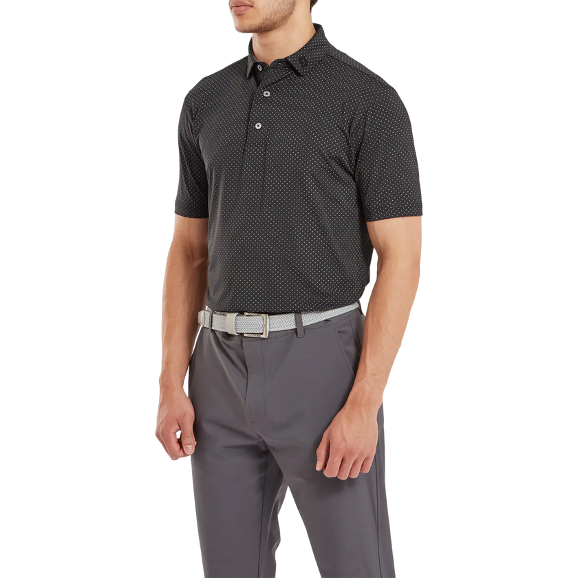 2024 FootJoy Men's Stretch Lisle Dot Print Polo - Black/Grey Cliff