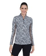 2025 IBKUL Women's Gingham Check Print Long Sleeve Mock Neck Top - Black/White