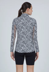 2025 IBKUL Women's Gingham Check Print Long Sleeve Mock Neck Top - Black/White