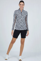 2025 IBKUL Women's Gingham Check Print Long Sleeve Mock Neck Top - Black/White