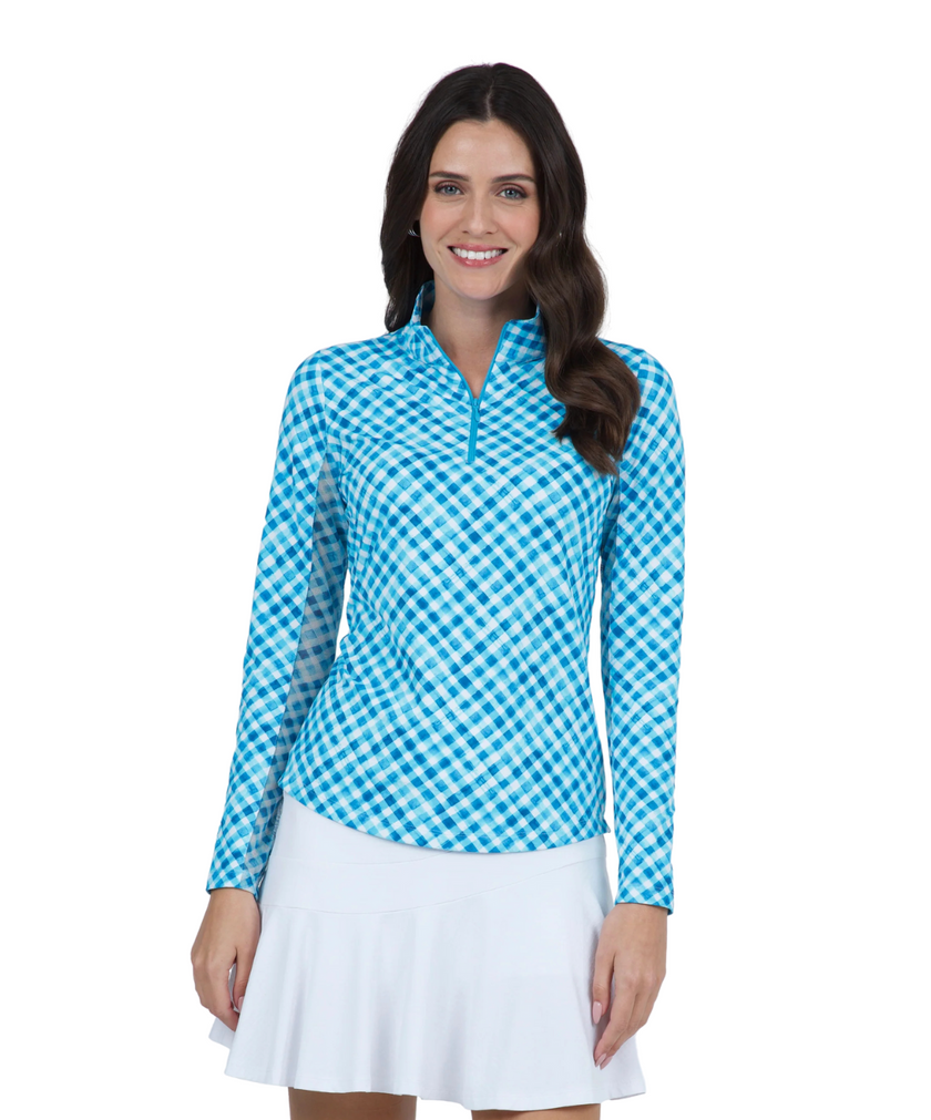 2025 IBKUL Women's Gingham Check Print Long Sleeve Mock Neck Top - Turquoise/White