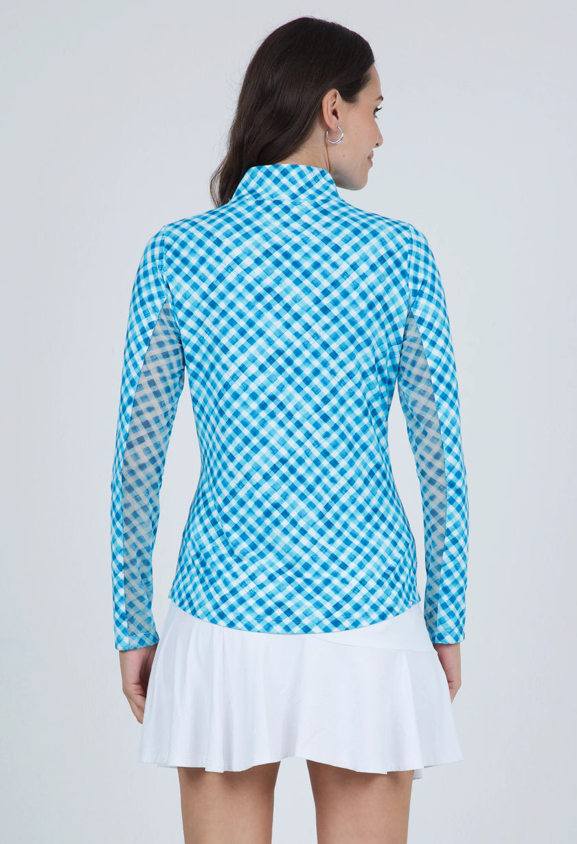 2025 IBKUL Women's Gingham Check Print Long Sleeve Mock Neck Top - Turquoise/White