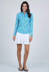 2025 IBKUL Women's Gingham Check Print Long Sleeve Mock Neck Top - Turquoise/White