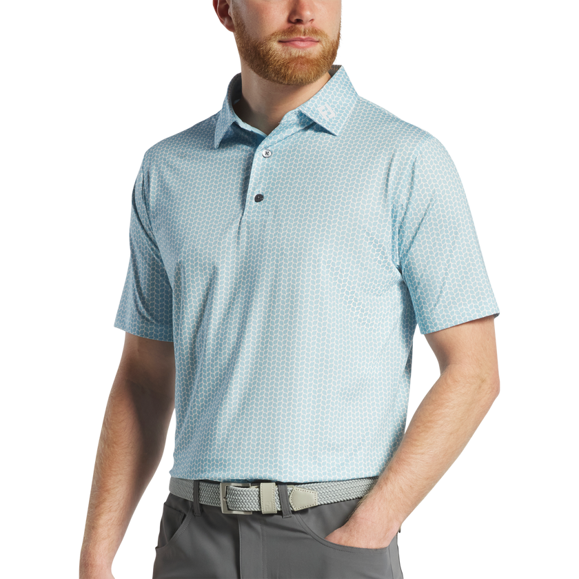 2025 FootJoy Leaf Print Lisle Self Collar Polo - Lake Blue/White