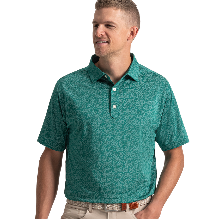 FootJoy Wingtip Floral Lisle Polo - Field Green / White