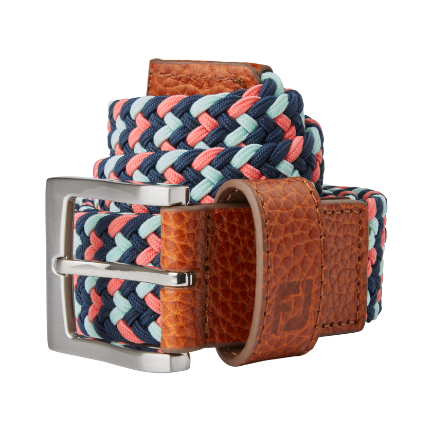 2024 Men's FootJoy Striped Braided Belt - Navy/Sea Glass/Coral Red