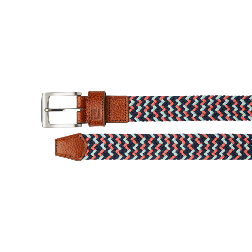 2024 Men's FootJoy Striped Braided Belt - Navy/Sea Glass/Coral Red