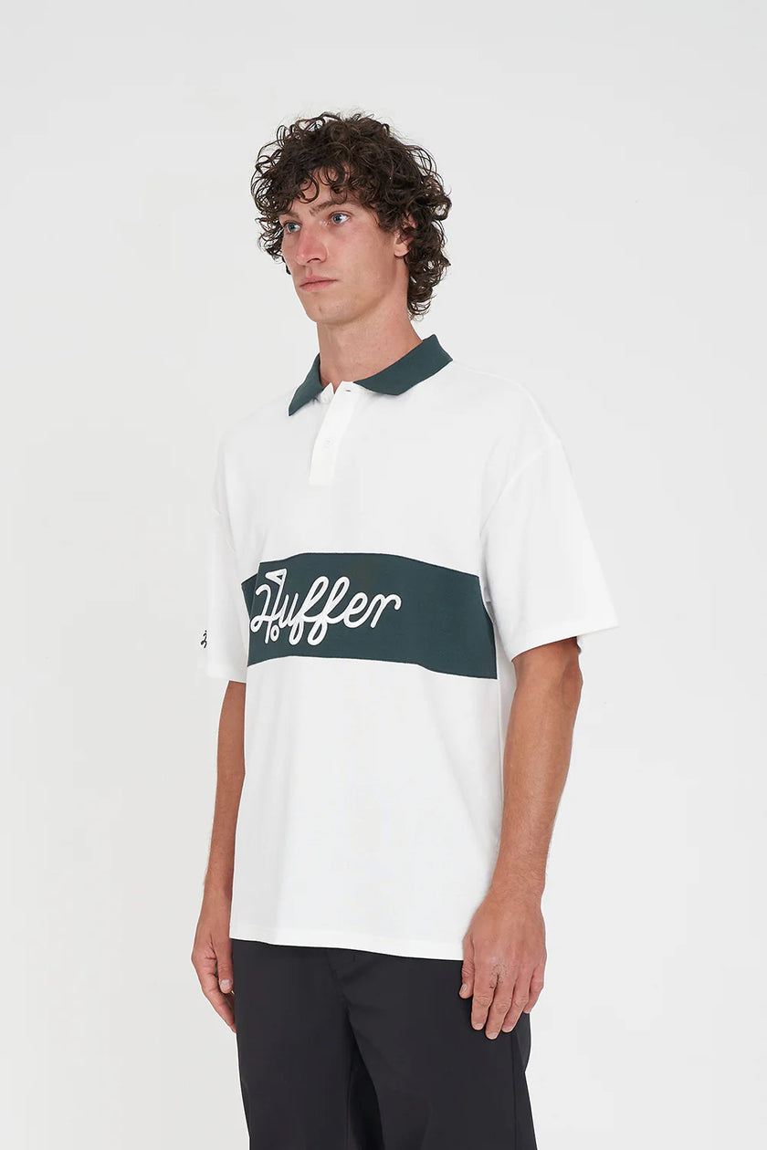 Huffer Golf Men's Par Line Short Sleeve Polo - Chalk/Golf Green