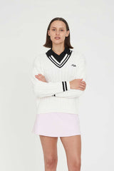 Huffer Golf Women's V-Neck Cable Knit Sweater - Chalk/Black