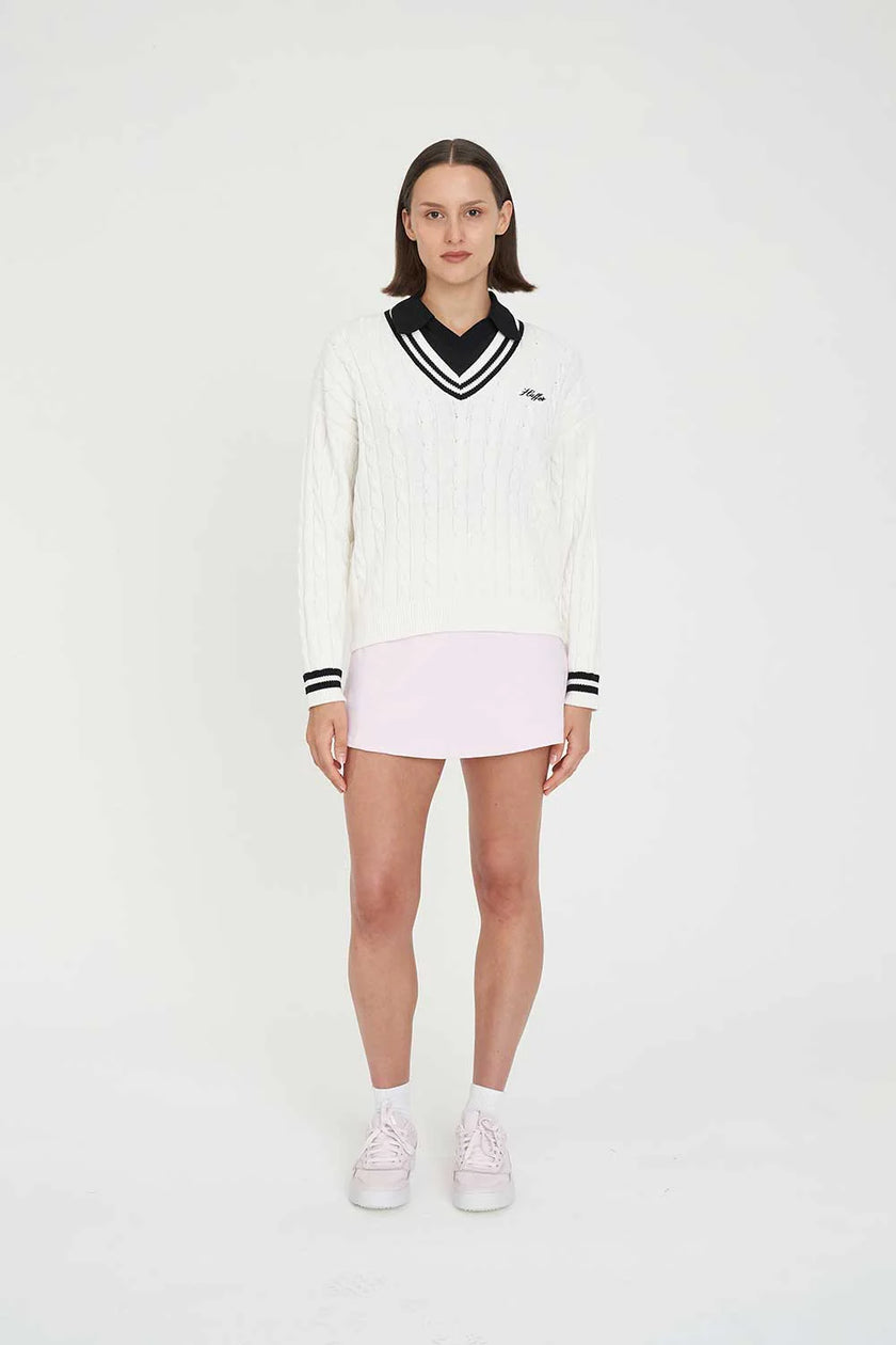 Huffer Golf Women's V-Neck Cable Knit Sweater - Chalk/Black