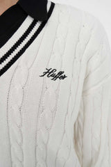 Huffer Golf Women's V-Neck Cable Knit Sweater - Chalk/Black