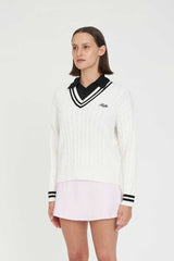 Huffer Golf Women's V-Neck Cable Knit Sweater - Chalk/Black