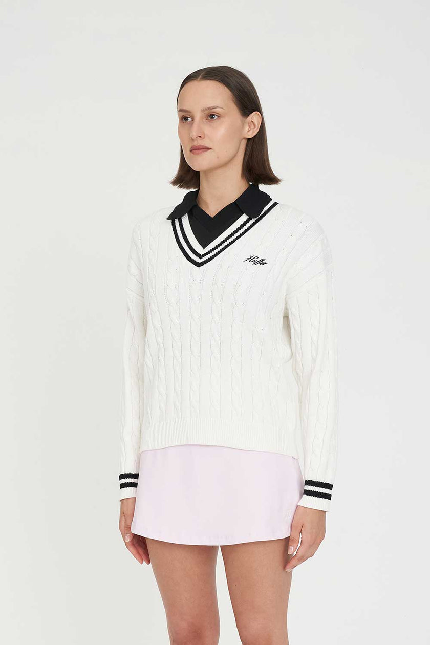 Huffer Golf Women's V-Neck Cable Knit Sweater - Chalk/Black