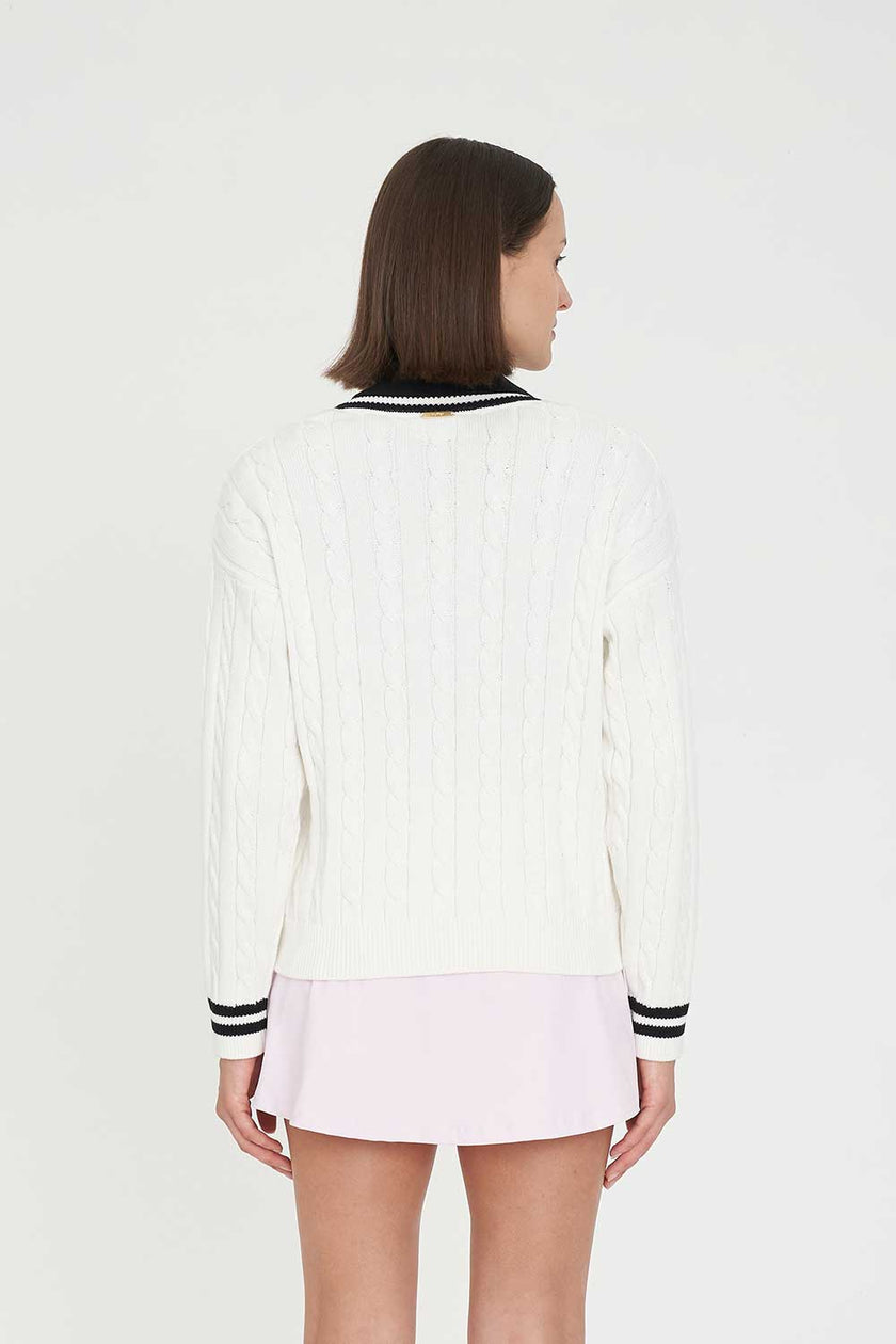 Huffer Golf Women's V-Neck Cable Knit Sweater - Chalk/Black