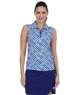 2025 IBKUL Gingham Check Print Sleeveless Polo - Navy/White