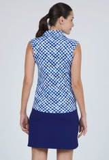 2025 IBKUL Gingham Check Print Sleeveless Polo - Navy/White