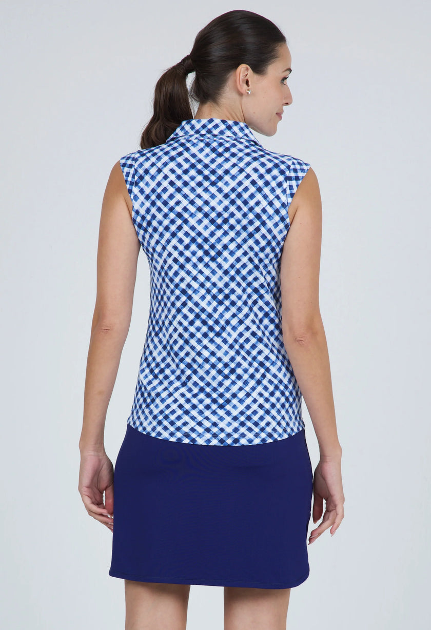 2025 IBKUL Gingham Check Print Sleeveless Polo - Navy/White